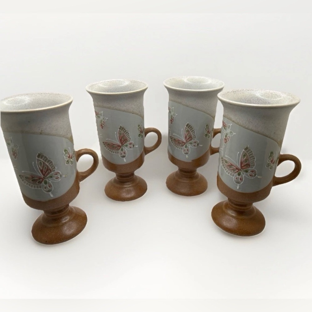 Set of 4 Vintage 70s Otagiri Japanese Butterfly Design Brown Stoneware Mugs